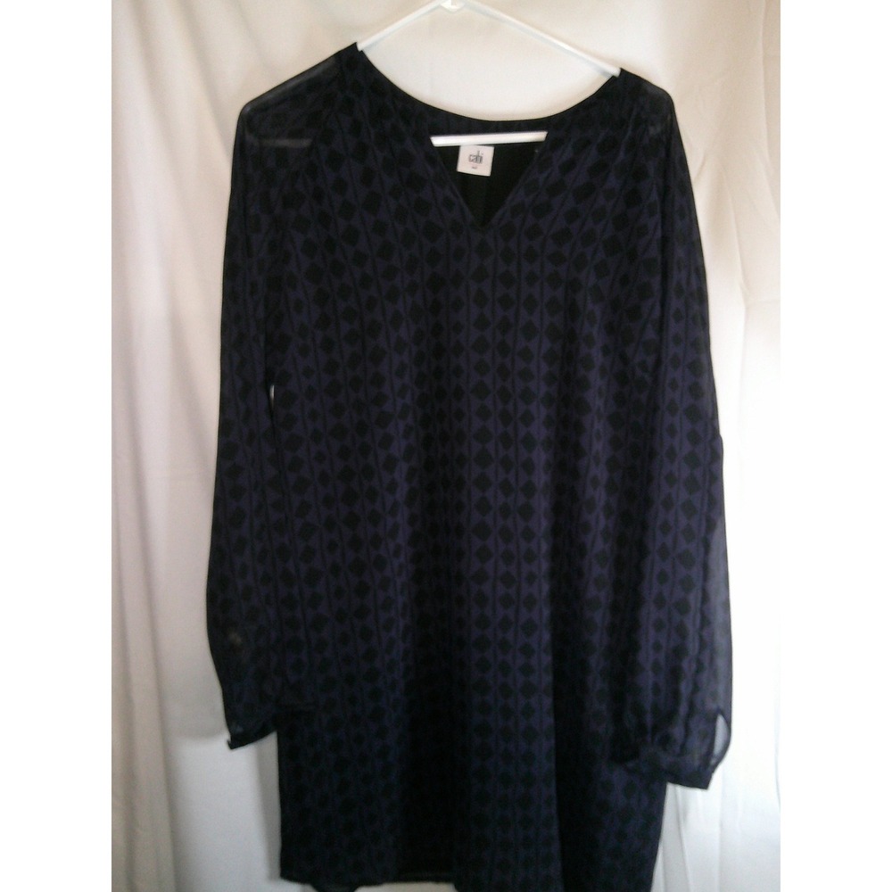 Cabi Sheer‎ Tunic Dress Purple Black Diamond Print Long Sleeve Blouson Size MD